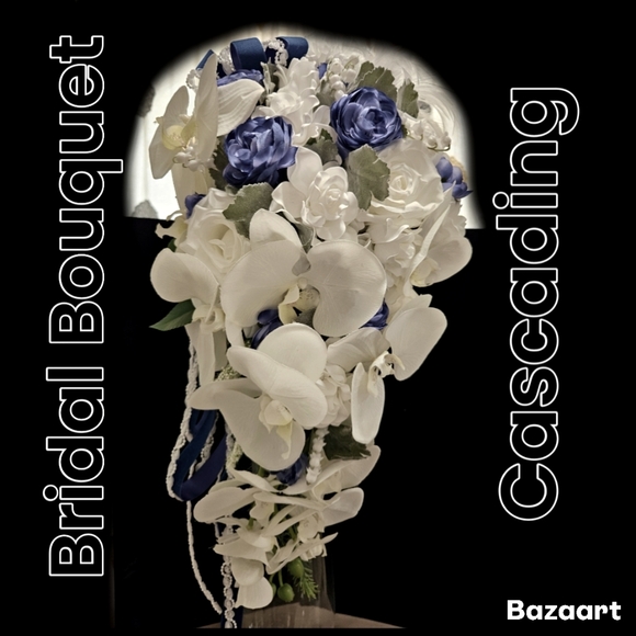 Bridal Bouquet Cascading Blue And White Flowers 20" Long - Picture 1 of 11